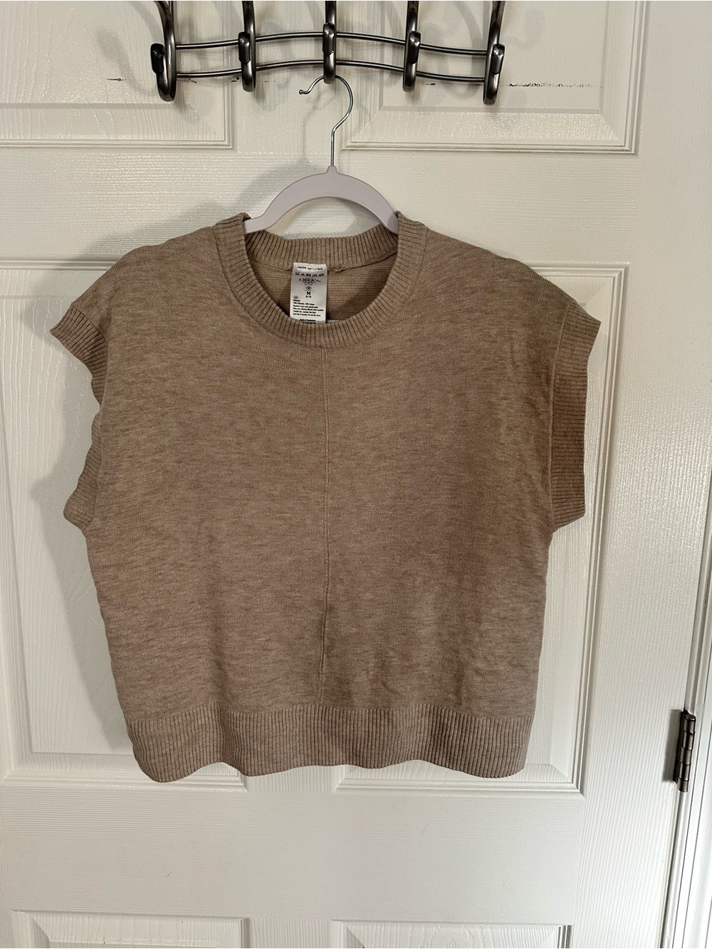 Neutral Brown Knit Cap-Sleeve Sweater Top